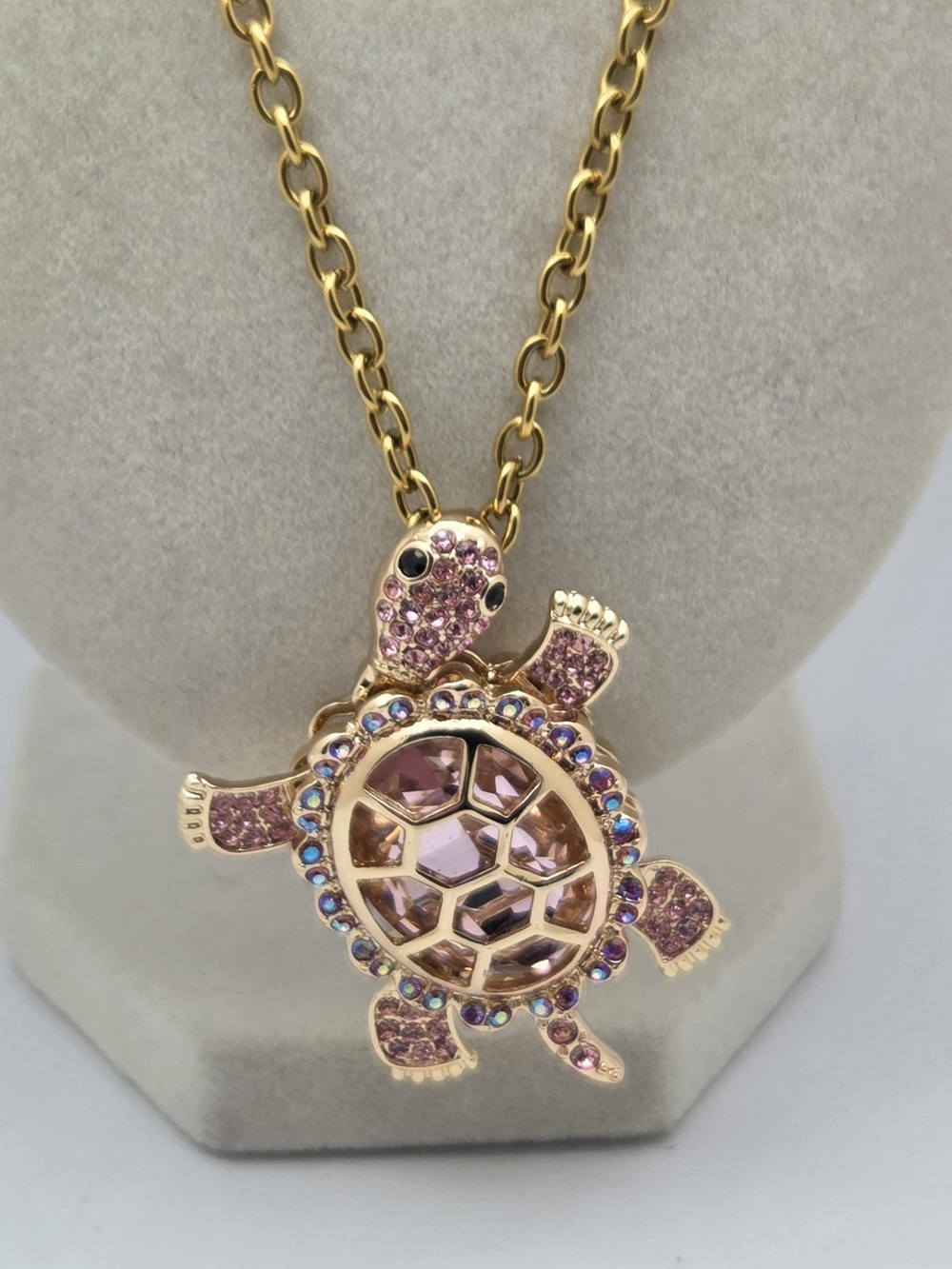 Vintage Gold-Tone Pink Crystal Turtle Pendant Necklace - Women Jewelry